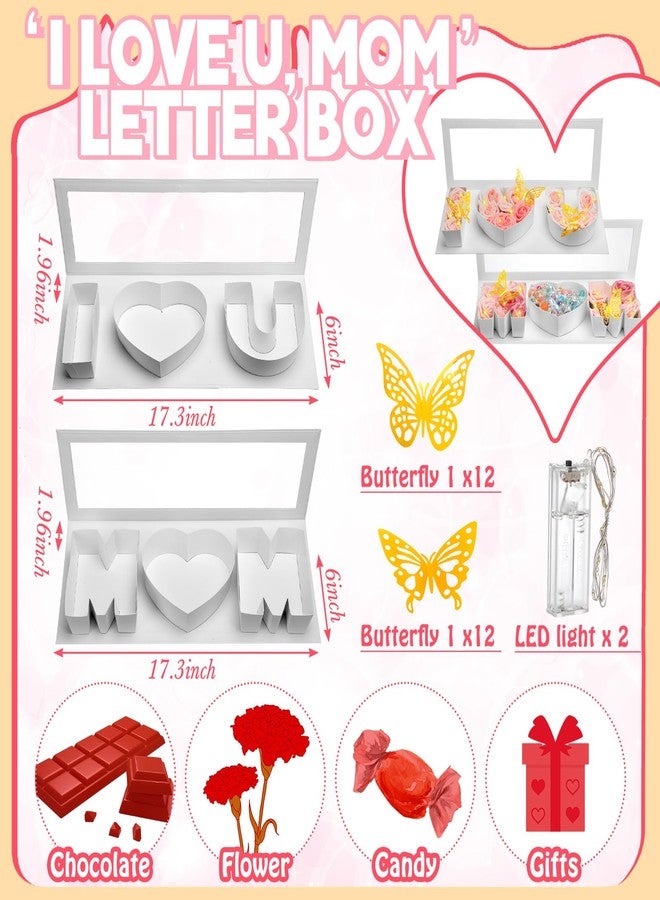 Vertintong 2 Sets Mother's Day Gift Empty Mom Fillable Flower Gift Boxes I Love U Cardboard Letter Shaped Fillable Packaging Box with 24 Pcs Gold Butterfly Decoration for Mother's Day Birthday(White) - Image 3